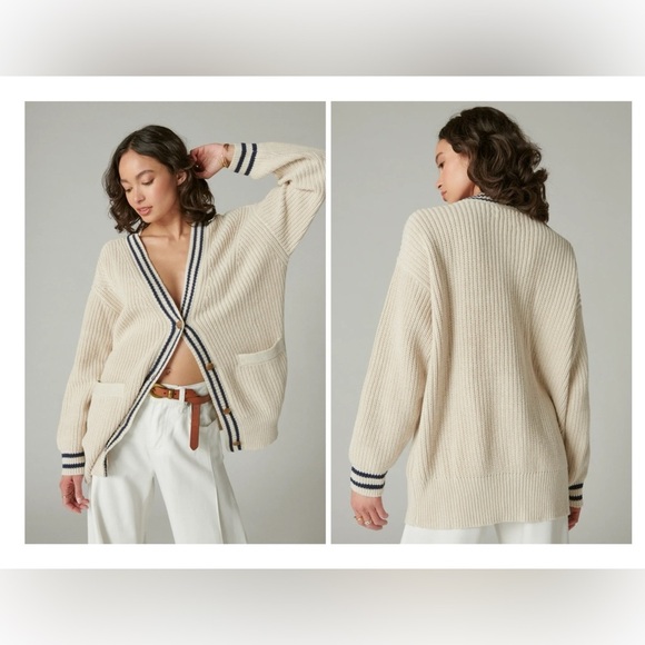 Lucky Brand Women's Medium Straw Heather Textured Stripe Varsity Sweater Relaxed - Picture 1 of 14